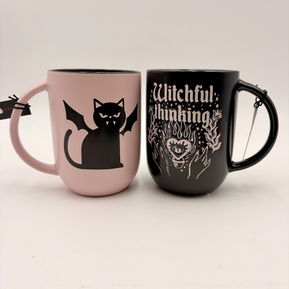 Better Living Halloween Mug Set 2pk Vampire Cat Witchful Thinking Pink Black NEW